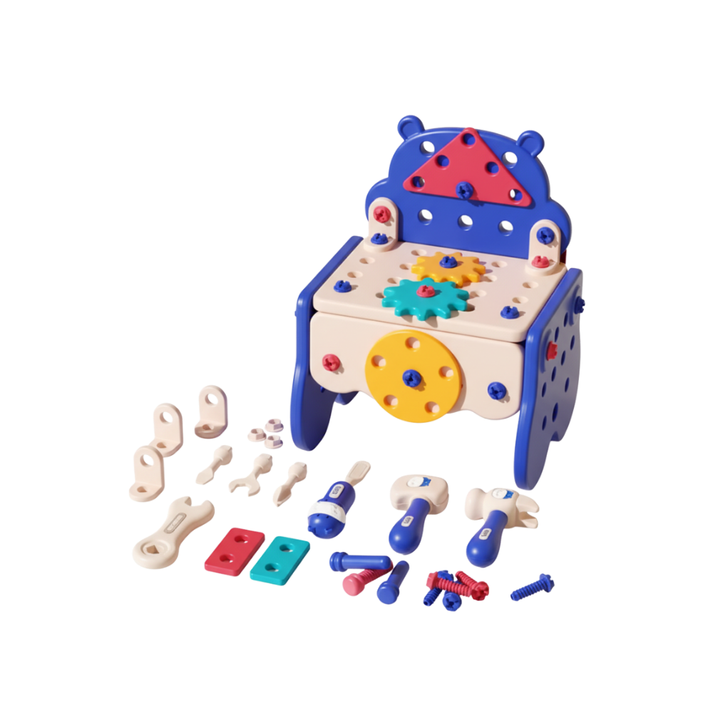 Conjunto de brinquedos de imitação Hibro com parafuso, ferramentas e caixa azul para montar e brincar de oficina com 60 peças