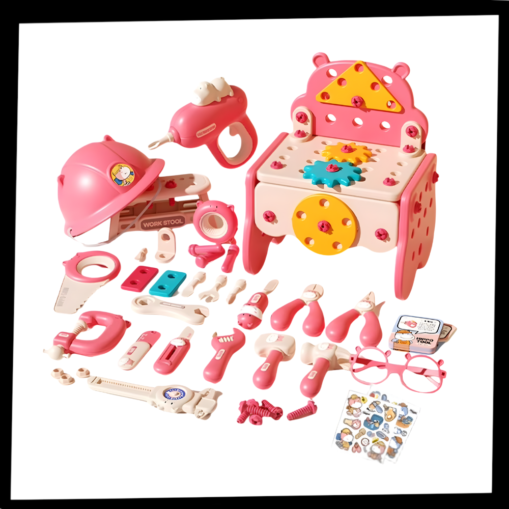 Brinquedo de encaixar com parafusos e caixa de ferramentas Hibro, brinquedo de imitação para crianças com peças coloridas e ferramentas de plástico.