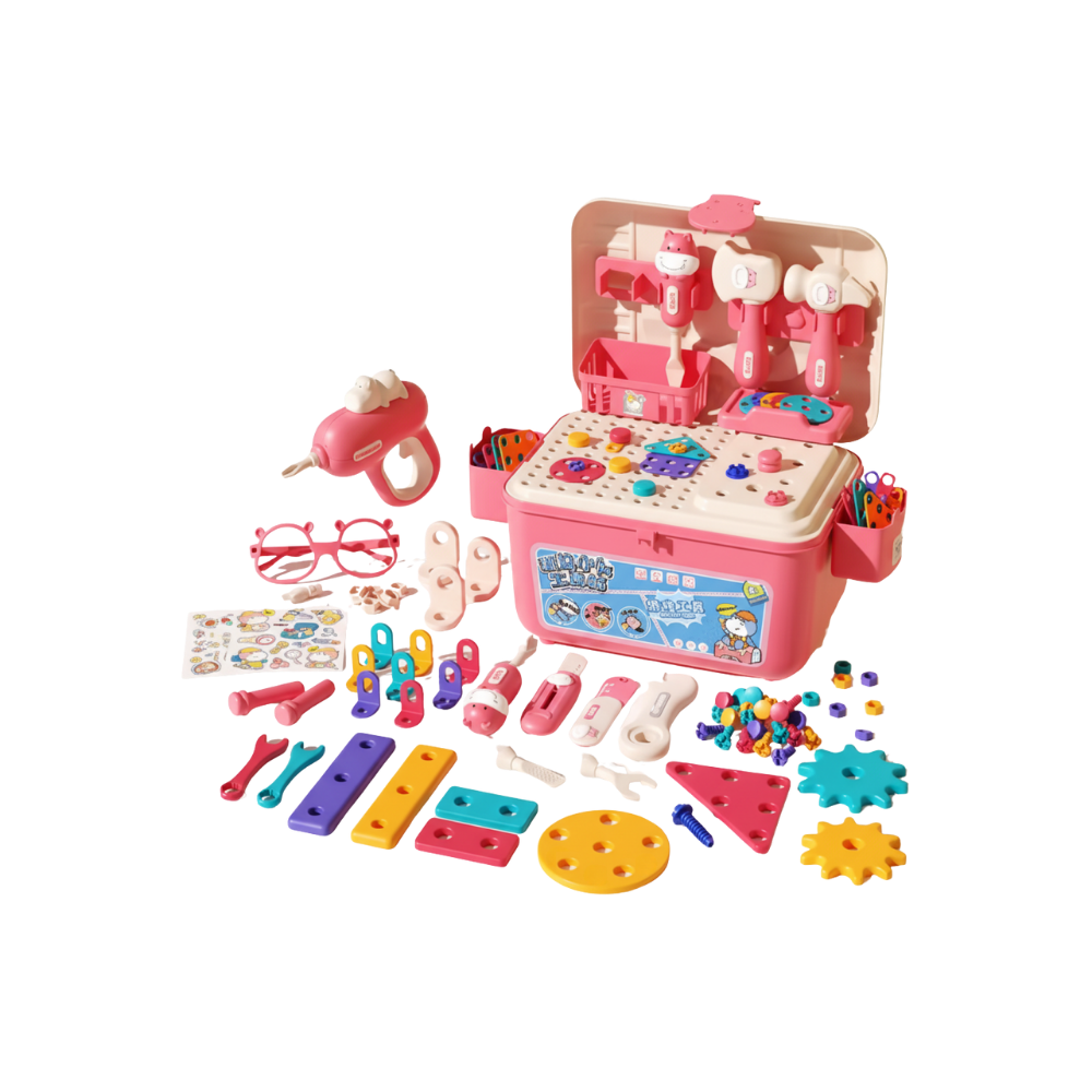 Brinquedo de montagem com parafusos e caixa de ferramentas Hibro, brinquedo de imitação para crianças, 152 peças de plástico rosa.