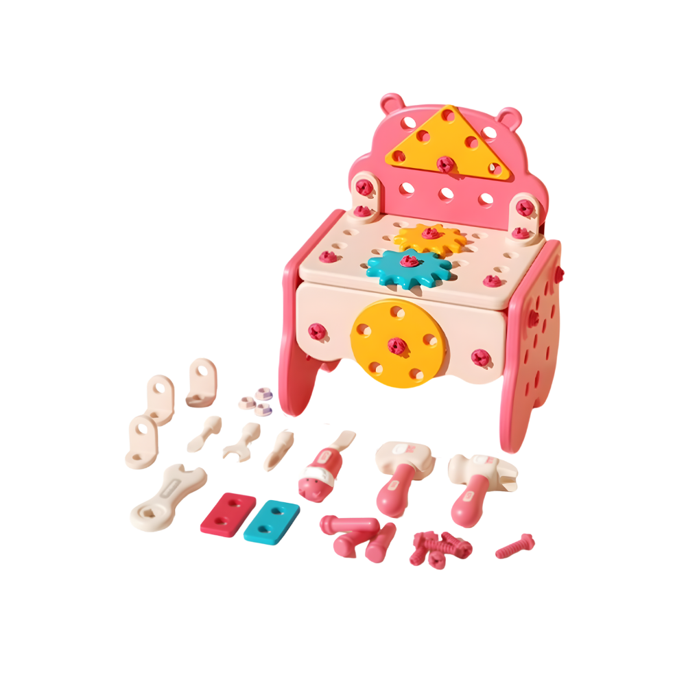 Quebra-cabeça de parafusos Hibro com caixa de ferramentas de brinquedo rosa, 60 peças, para jogos de imitação de bricolagem.