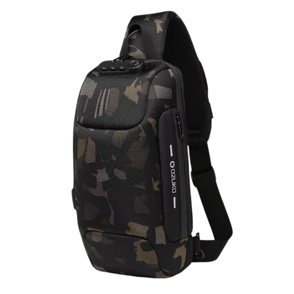 Bolsa transversal antivol Shapeueng em padrão camuflagem, ideal para segurança e praticidade em viagens.
