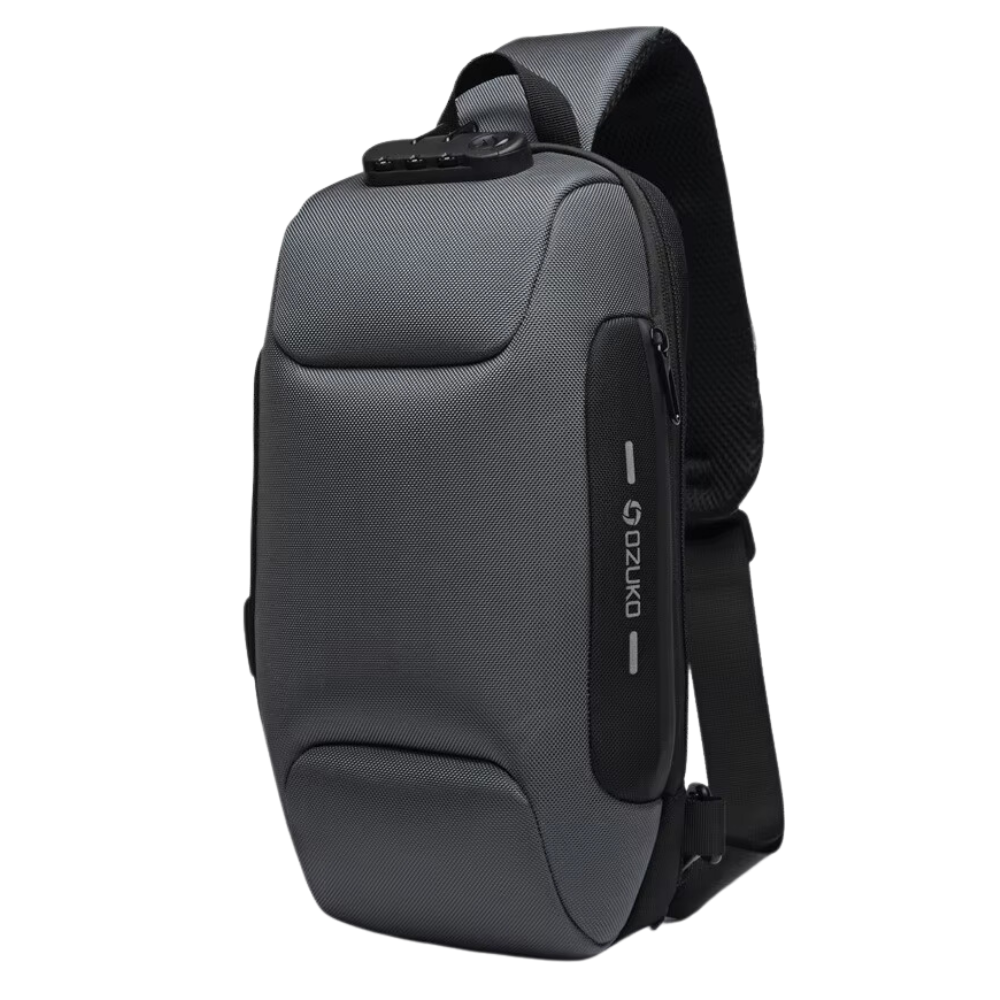 Bolsa tiracolo antivol cinza da Shapeueng, com fechos seguros e design compacto para viagem e uso diário.