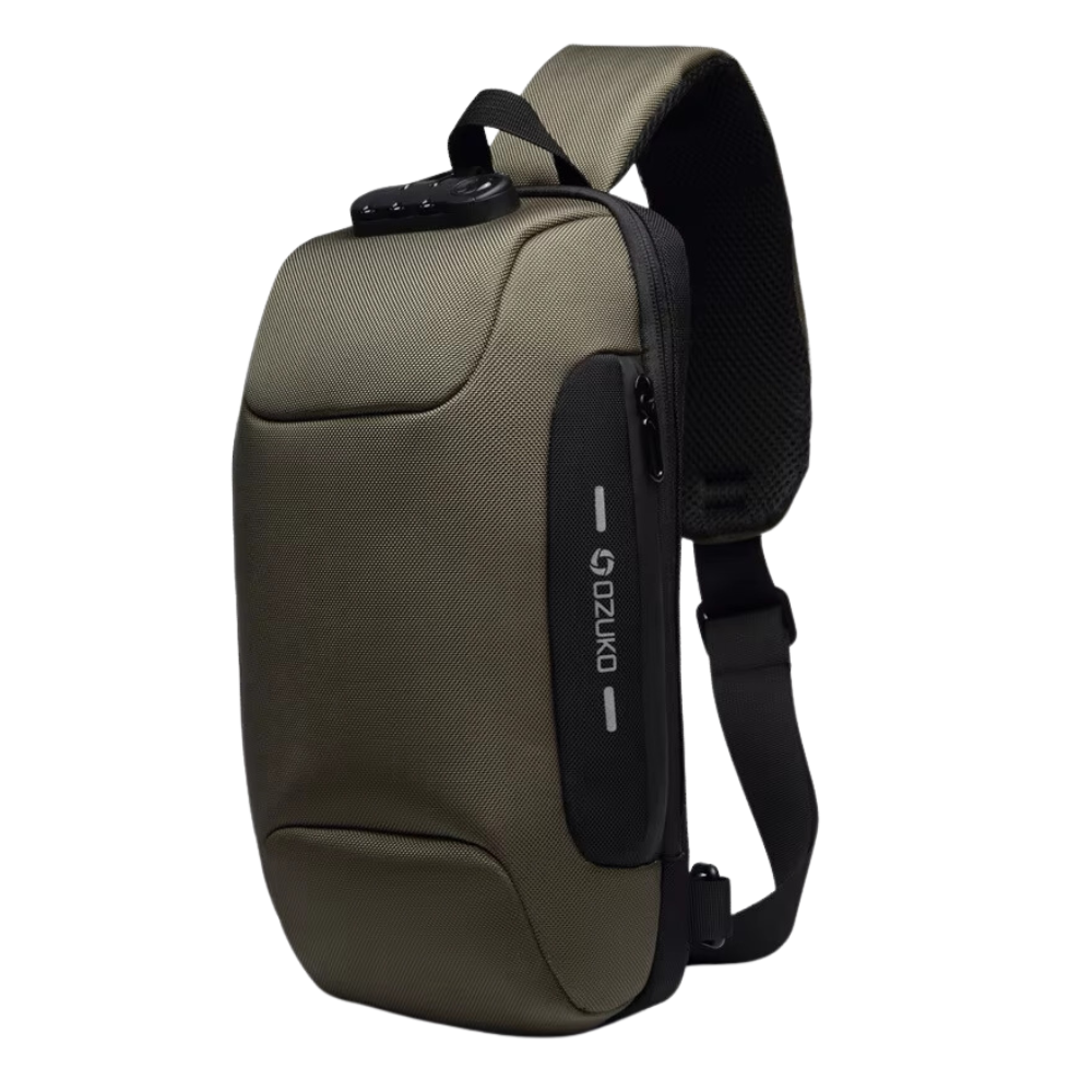 Bolsa de ombro antivol Shapeueng na cor verde, com compartimentos seguros para viagem e itens pessoais.