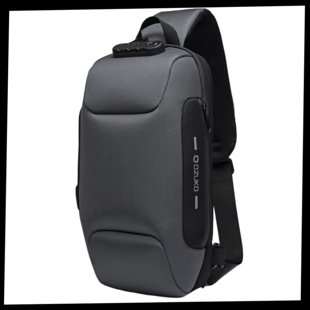 Bolsa transversal antivólho Shapeueng para viagens, com compartimentos seguros e design compacto em imagem de pacote.