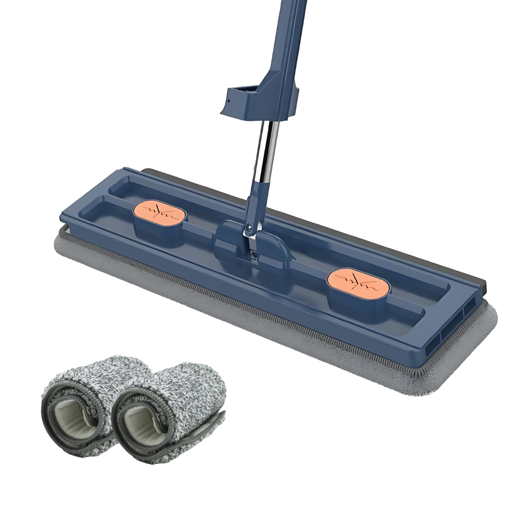 Balai plat com mecanismo de torção automática e balde azul, ideal para limpeza doméstica eficiente.