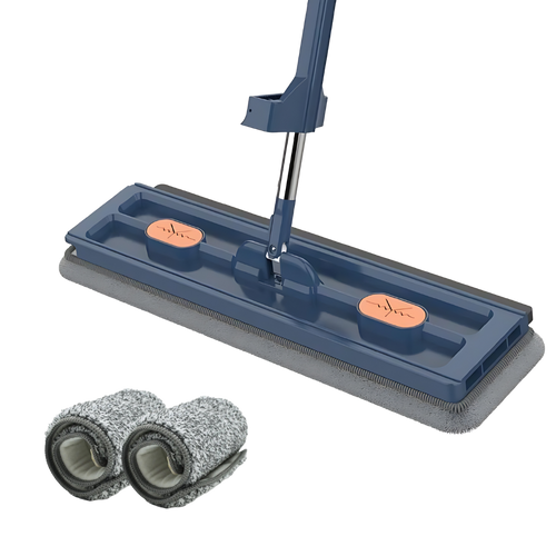 Balai plat com mecanismo de torção automática e balde azul, ideal para limpeza doméstica eficiente.