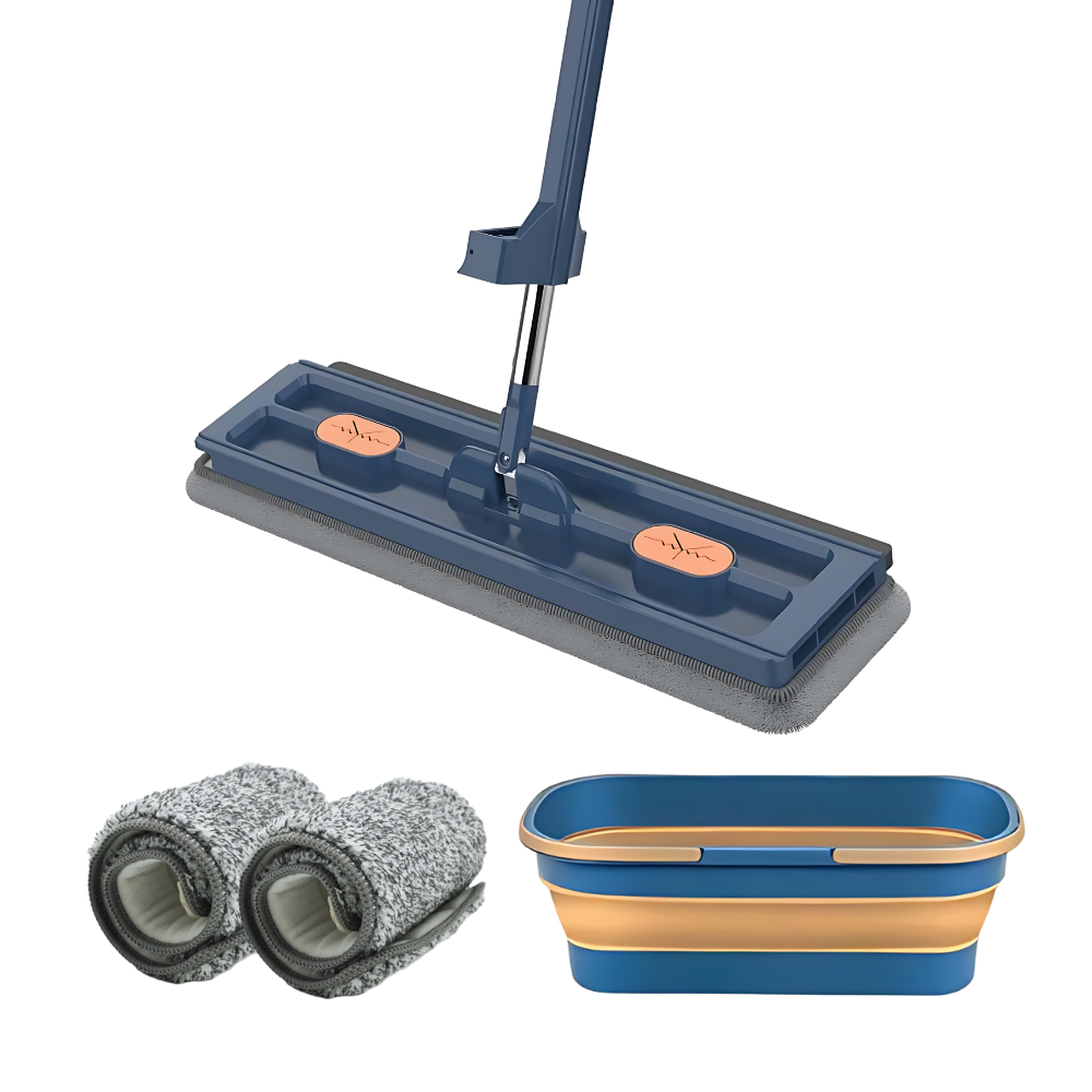 Mop de limpeza plano com balde de plástico azul para espremedor automático, ideal para limpeza doméstica eficiente.