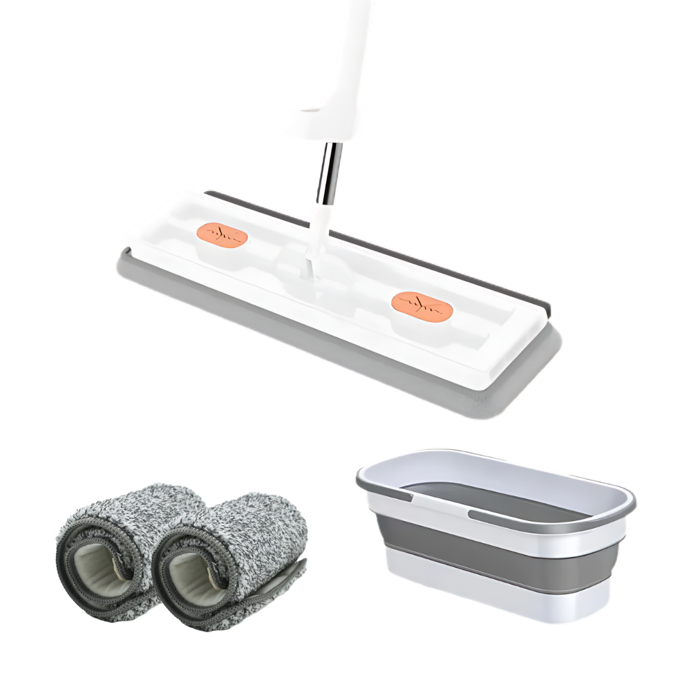 Mop de limpeza automática com balde branco da Simpli-Magic, com sistema de torção e balde para lavagem fácil em limpeza doméstica.