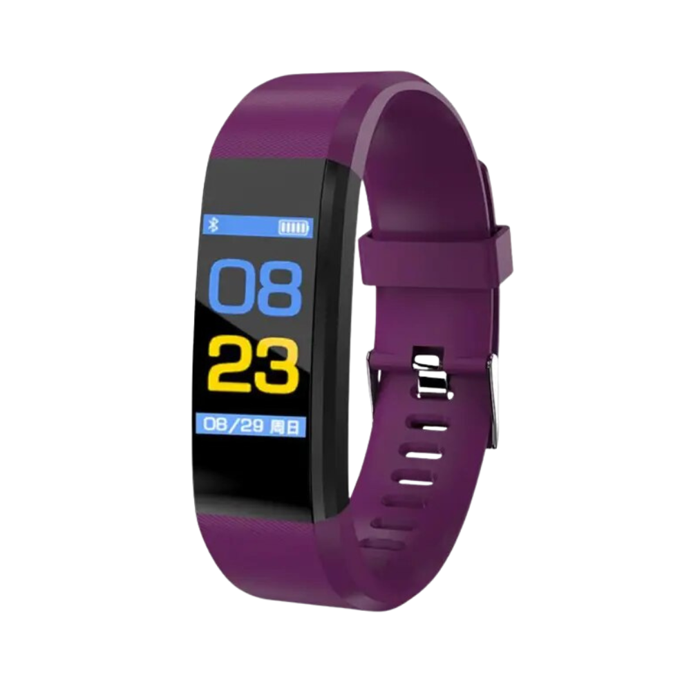 Relógio inteligente para idosos da marca Anself, pulseira roxa, com tela digital e funções de monitoramento.