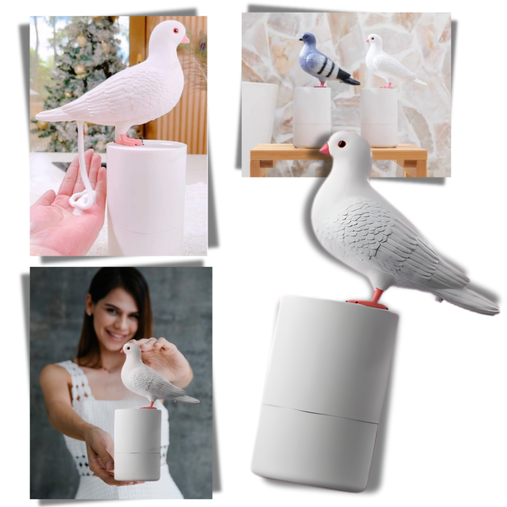 Distributeur de sabonete líquido automático em forma de pomba da marca Jsaert, com sensor de movimento para uso fácil e higiênico.