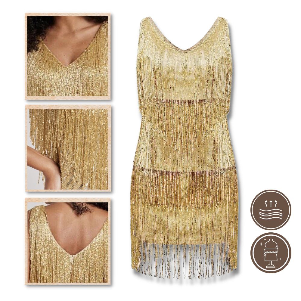Robe longa Mianht com decote V e detalhes de paetês prateados, tecido brilhante e elegante, ideal para festas sofisticadas.