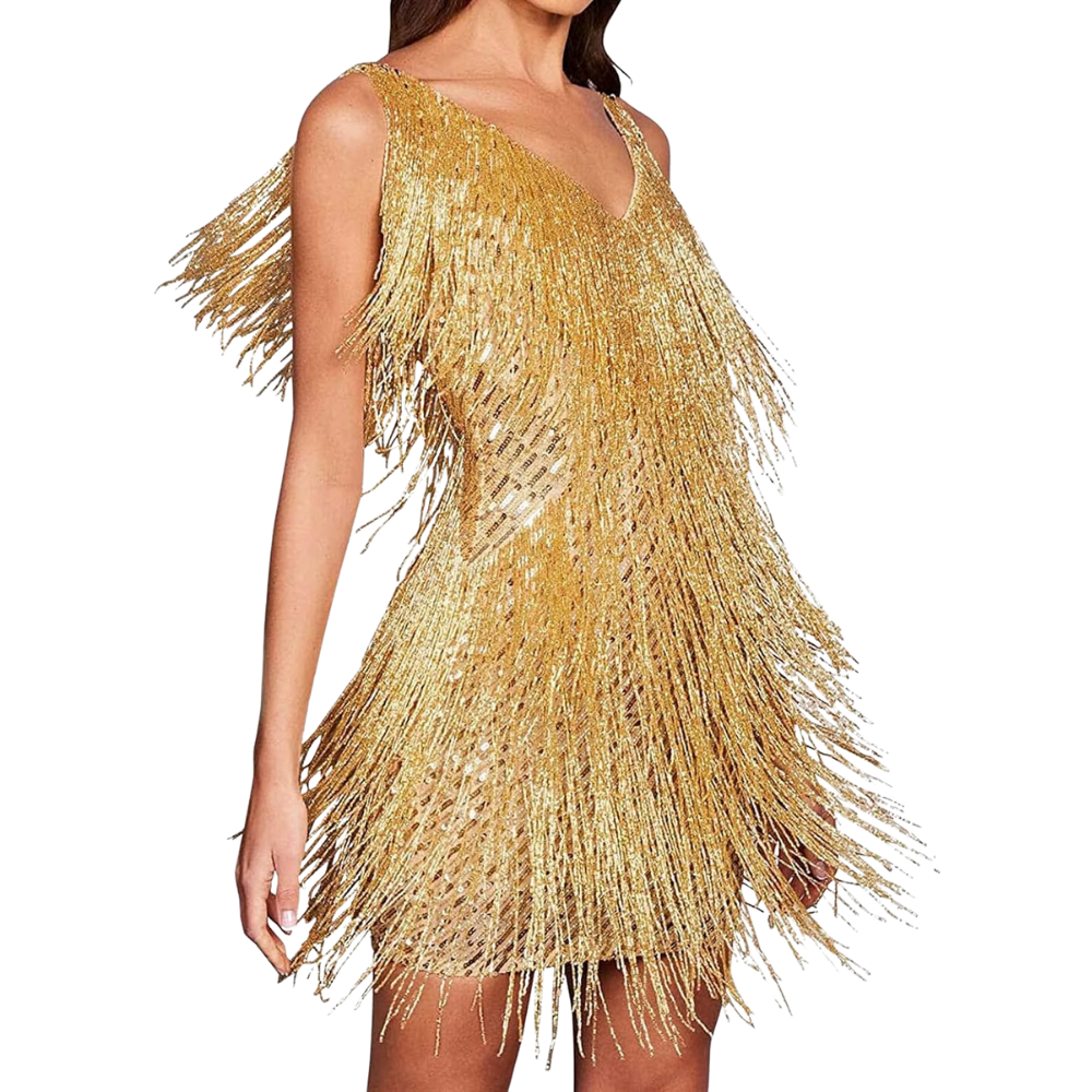 Robe dourada com decote em V e detalhes de paetês, estilo slip, feita pela marca Mianht.