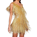 Robe dourada com decote em V e detalhes de paetês, estilo slip, feita pela marca Mianht.