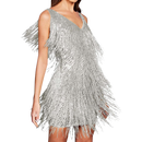 Robe cinza com decote V e detalhes de paetês, vestido slip elegante da marca Mianht, para ocasiões especiais.