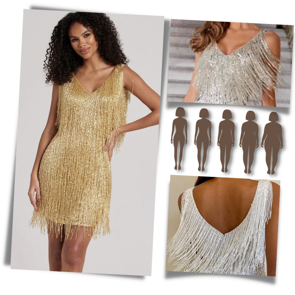 Vestido longo Mianht com decote V e detalhes em paetês, ideal para ocasiões elegantes e festas sofisticadas.