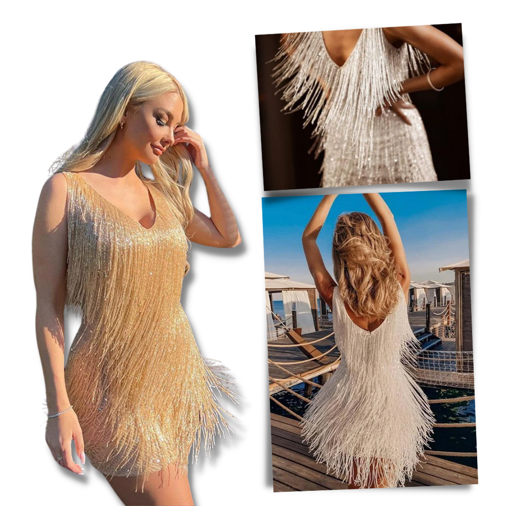 Robe Mianht com decote V e detalhes em paetês, vestido de festa com modelagem elegante e brilho sofisticado.