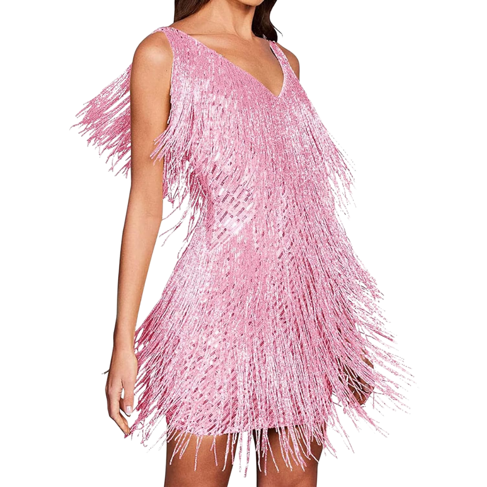 Robe pink com decote V e detalhes de paetês, estilo slip, da marca Mianht, ideal para ocasiões especiais.