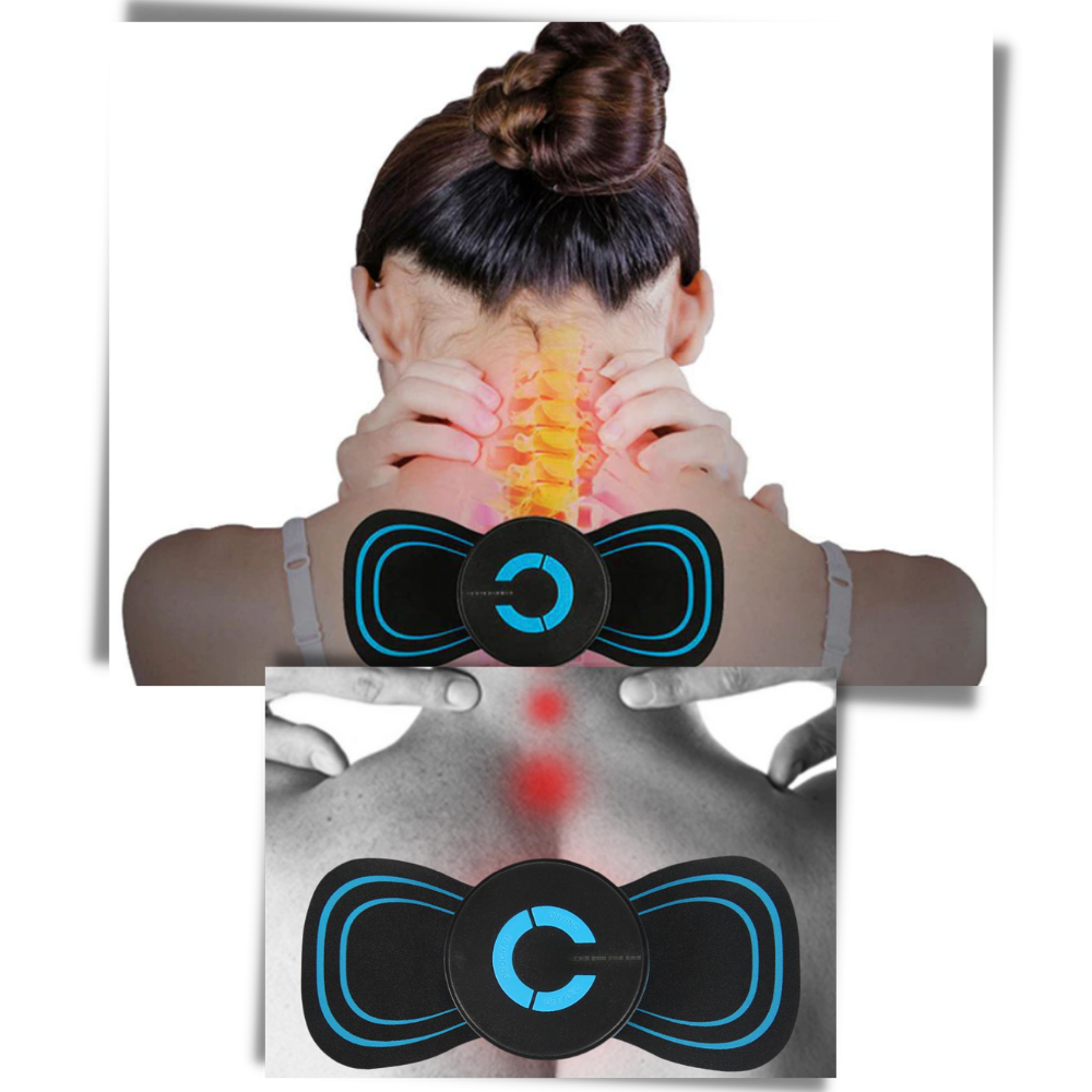 Mini massageador elétrico para o pescoço da Setoy, dispositivo portátil de relaxamento com cabos e controle manual.