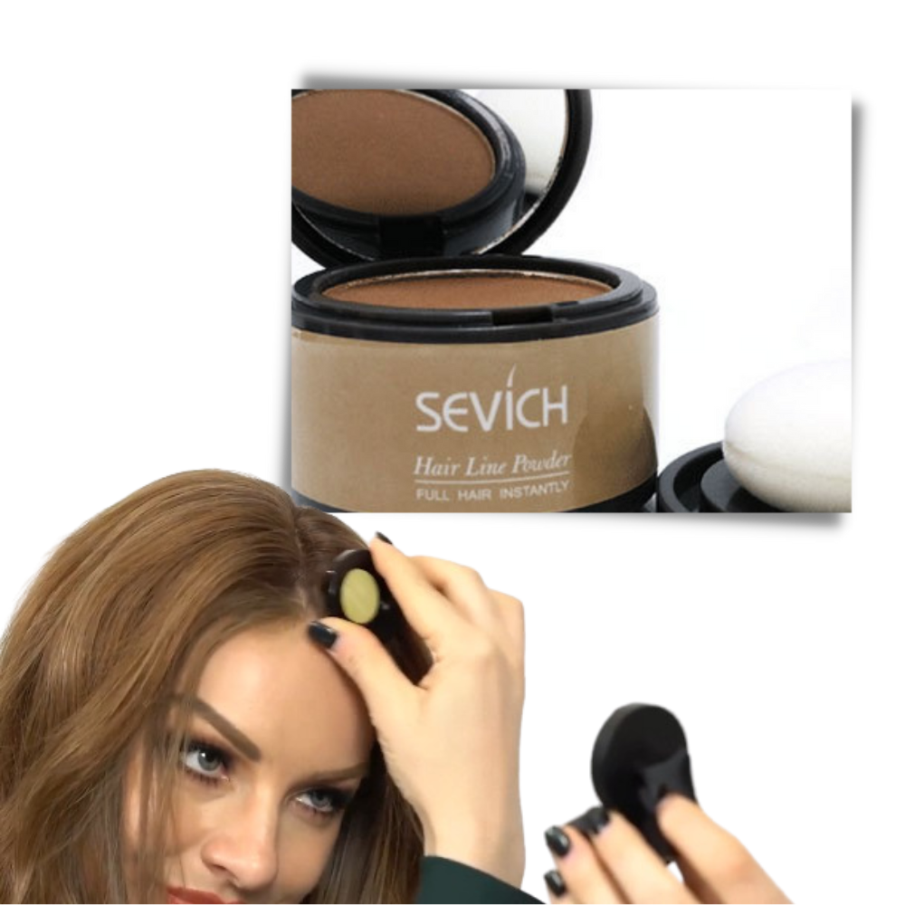 Pó dissimulador de linhas de cabelo Sevich, cosmético em tom castanho claro, aplicado na raiz para disfarçar falhas capilares.