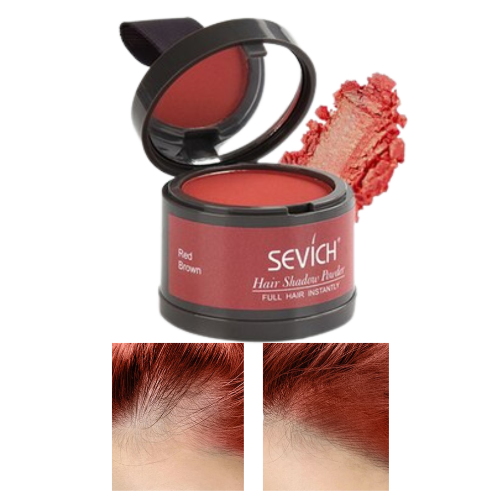 Pó dissimulador de linha de cabelo Sevich, cor castanho claro, em embalagem com textura de pó para esconder linhas capilares.