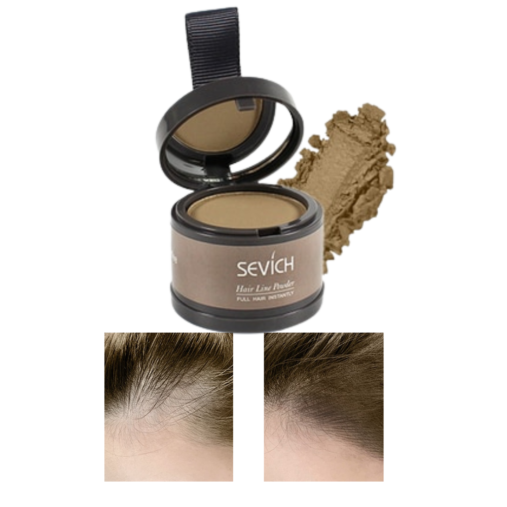 Pó dissimulador de linha de cabelo Sevich, cosméticos em tom castanho claro, aplicado na raiz para cobertura natural.