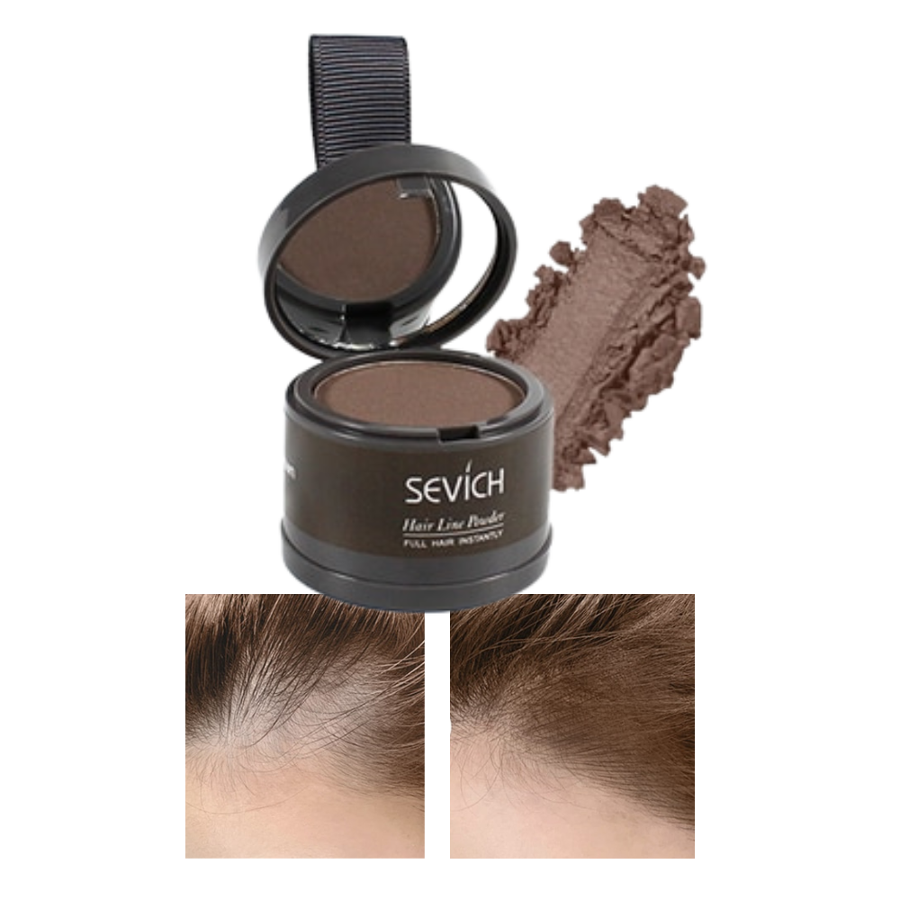 Pó dissimulador de linha de cabelo Sevich, tonalidade castanho claro, em embalagem com pó compacto para correção capilar.