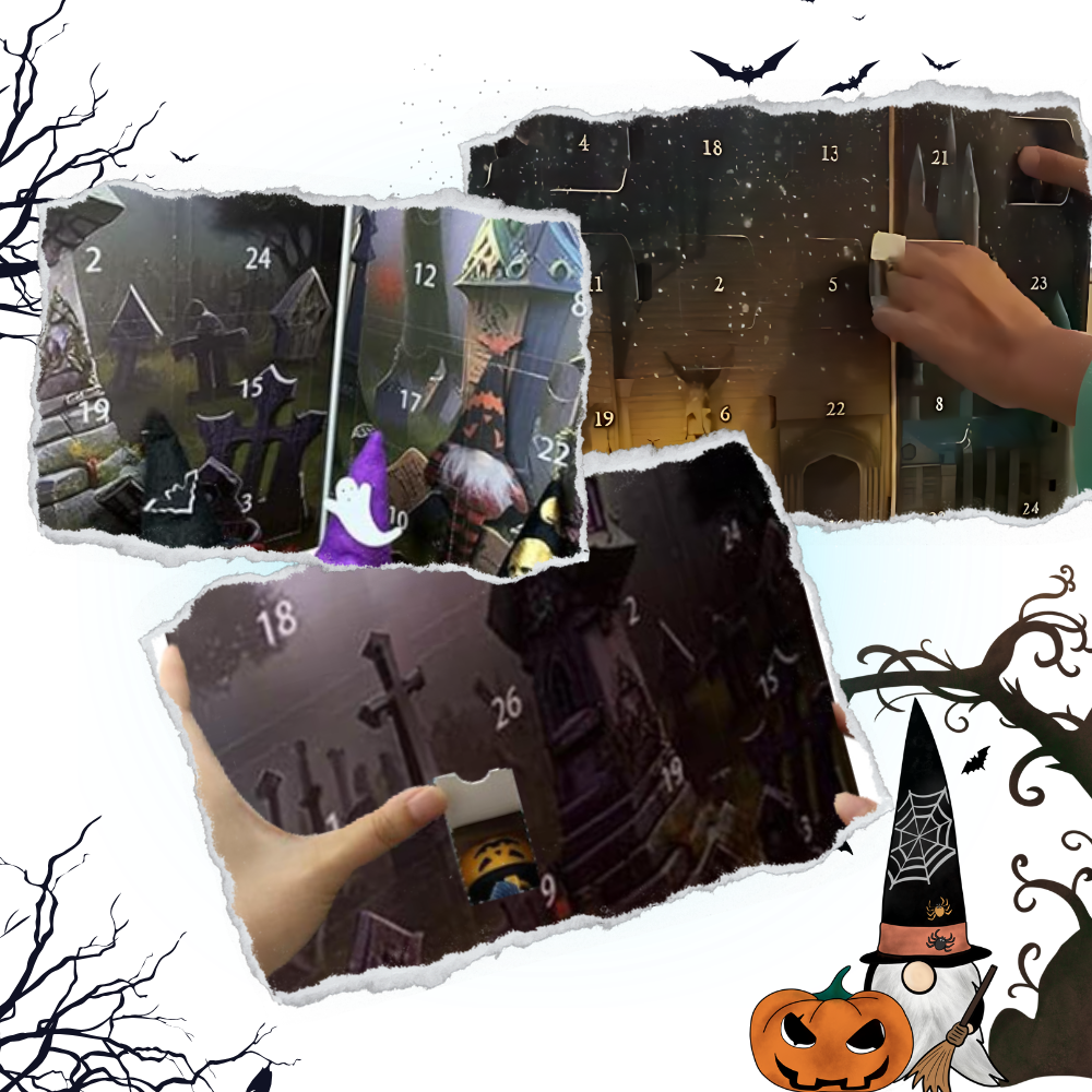 Calendário de conta regressiva de Halloween da Seyurigaoka, decoração sazonal com tema assustador e festivo para o Halloween.