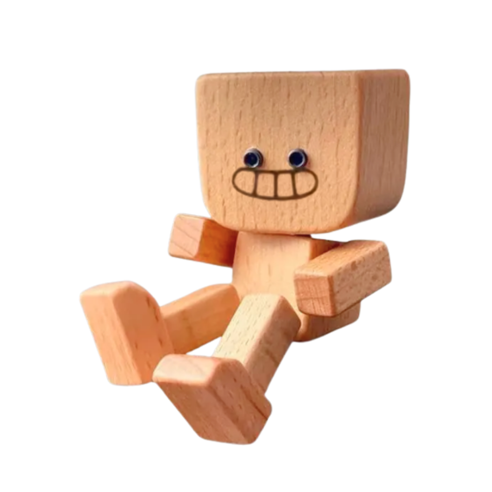 Boneco de madeira da Frcolor, figurina móvel de homem com expressão divertida e cabeça que balança.