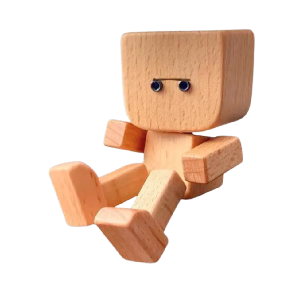 Boneco de madeira com cabeça balançante e rosto achatado, figurine artesanal da marca Frcolor, para decoração ou coleção.