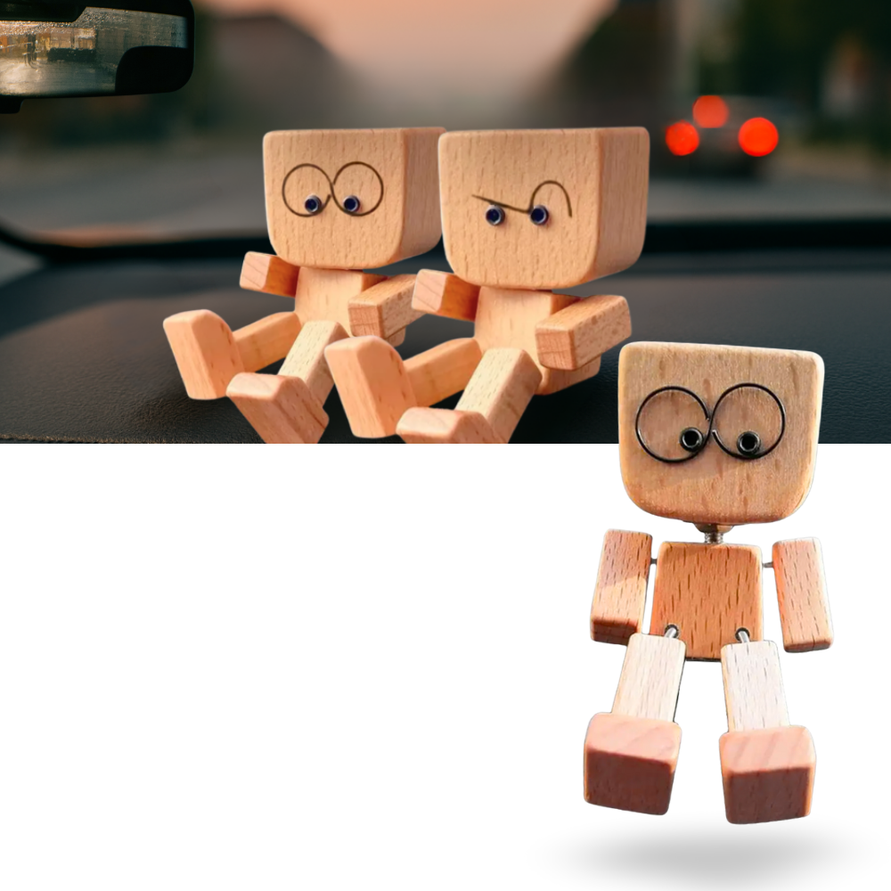 Boneco de madeira com cabeça oscilante da Frcolor, figurinha decorativa de estilo divertido e artesanal.