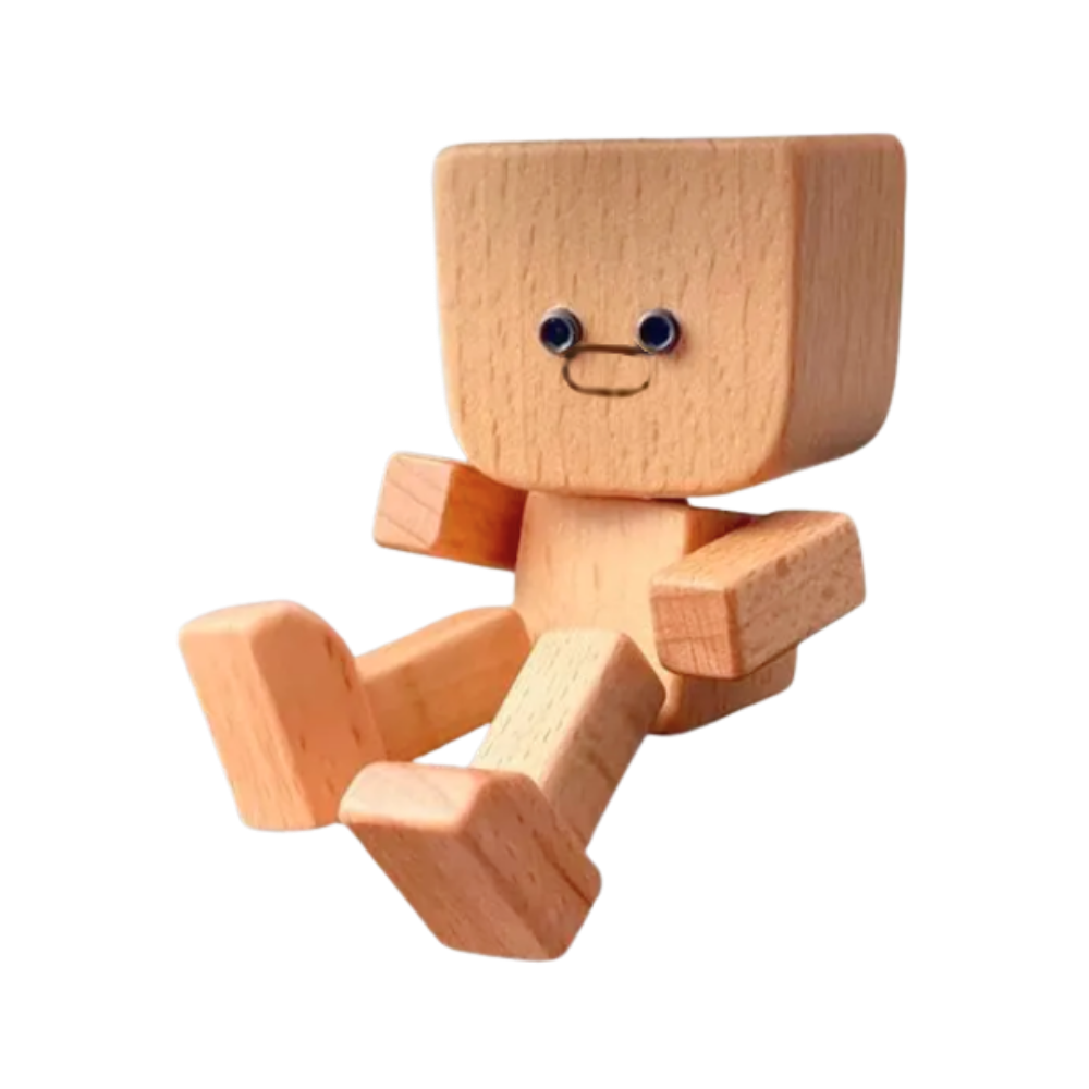 Boneco de madeira com expressão sorridente e cabeça balançante, figura de decoração da marca Frcolor.