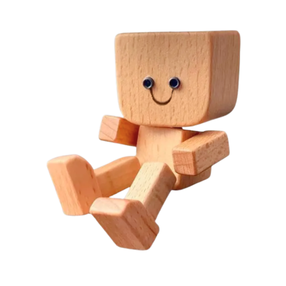 Figurine de homem em madeira da Frcolor com cabeça balançante e rosto sorridente, estilo bobblehead, para decoração divertida.