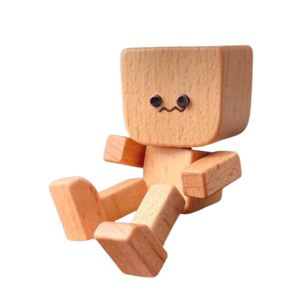 Figurina móvel de homem em madeira da marca Frcolor, com cabeça balançando e expressão divertida, estilo bobblehead.
