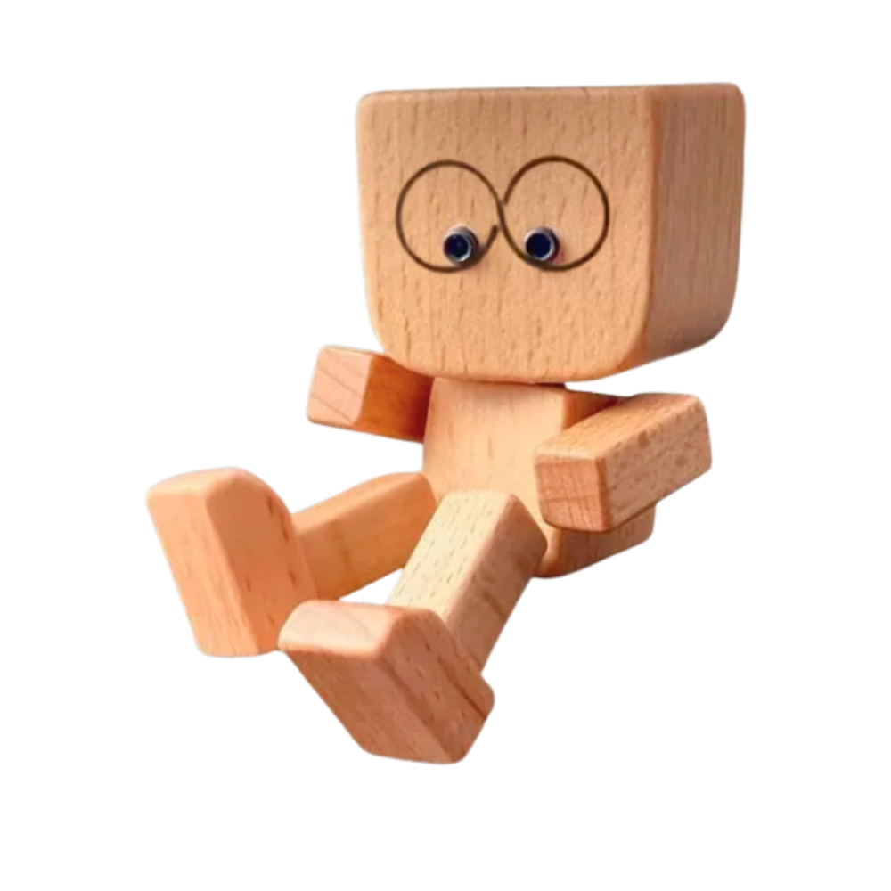 Figurinha móvel de homem em madeira da marca Frcolor, com olhos grandes e expressão divertida, estilo bobblehead.