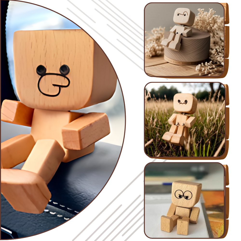 Figurinha móvel de madeira de um homem, estilo bobblehead, da marca Frcolor, com expressão divertida e detalhes artesanais.