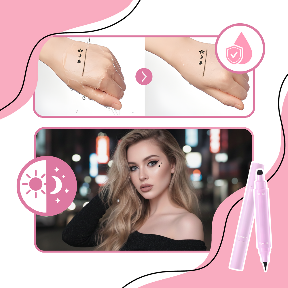 Eyeliner duplo com tampões de motivos da Shangqer, cosméticos com design floral e pontas duplas para delineado preciso.