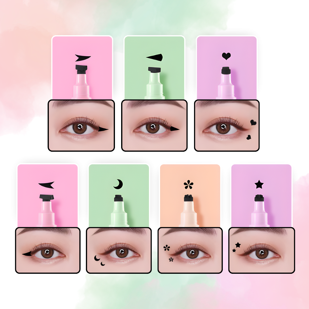 Eyeliner duplo com duas pontas e tampas de motivos florais, produto de cosméticos da marca Shangqer, para olhos.