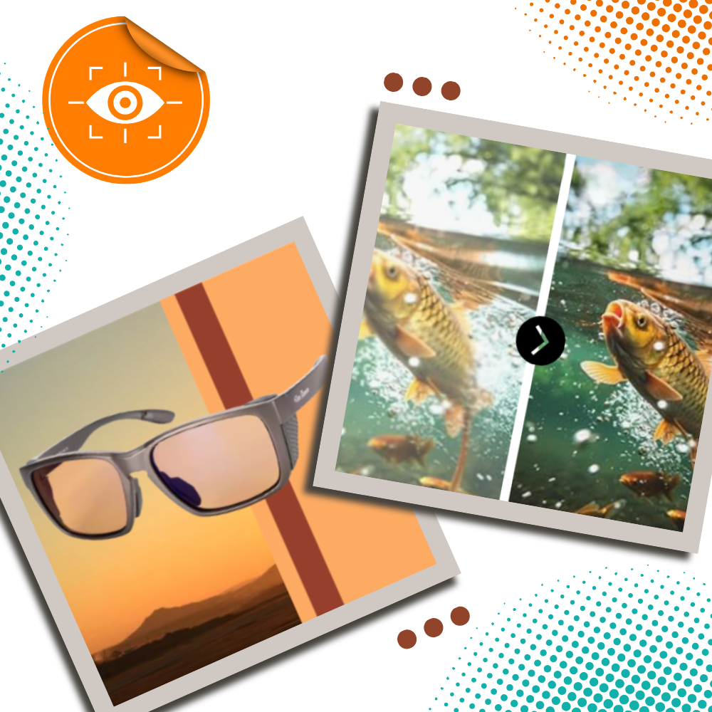 Óculos de sol Fitags com lentes polarizadas para pesca, mostrando detalhes das lentes e armação em uso ao ar livre.
