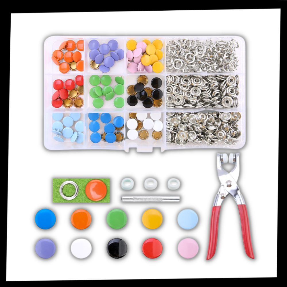 Conjunto de botões de pressão com pinça para artesanato criativo, marca Sharplace, inclui diversos botões e ferramenta de aplicação.