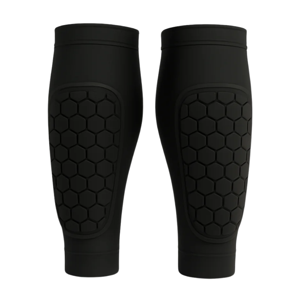Manchon de compressão para canela de futebol da marca Popvcly, em preto, disponível nos tamanhos XS a XL, protege e oferece suporte.