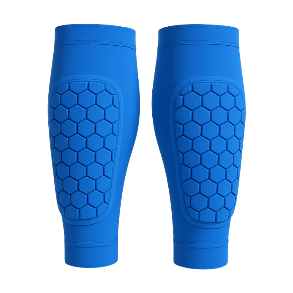 Manchon de compressão para canelite Popvcly, meia de futebol azul, disponível nos tamanhos XS a XL.