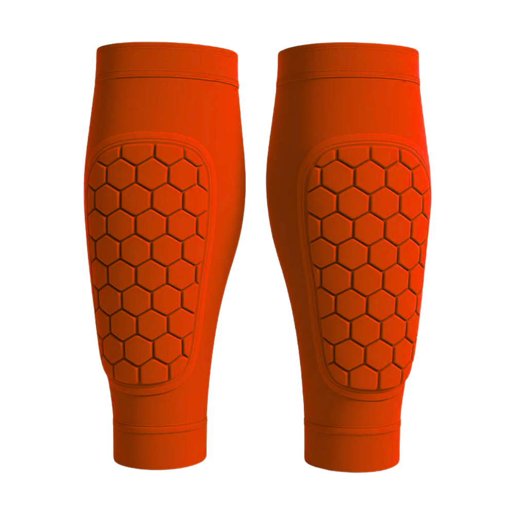 Manchon de compressão para tíbia de futebol da marca Popvcly, em laranja, disponível em tamanhos XS a XL.