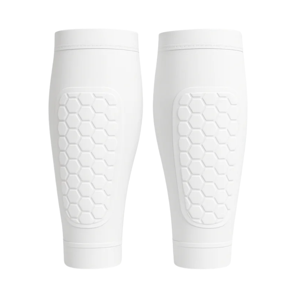 Aro de compressão para canelite de futebol da marca Popvcly, em branco, com diferentes tamanhos visíveis na imagem.