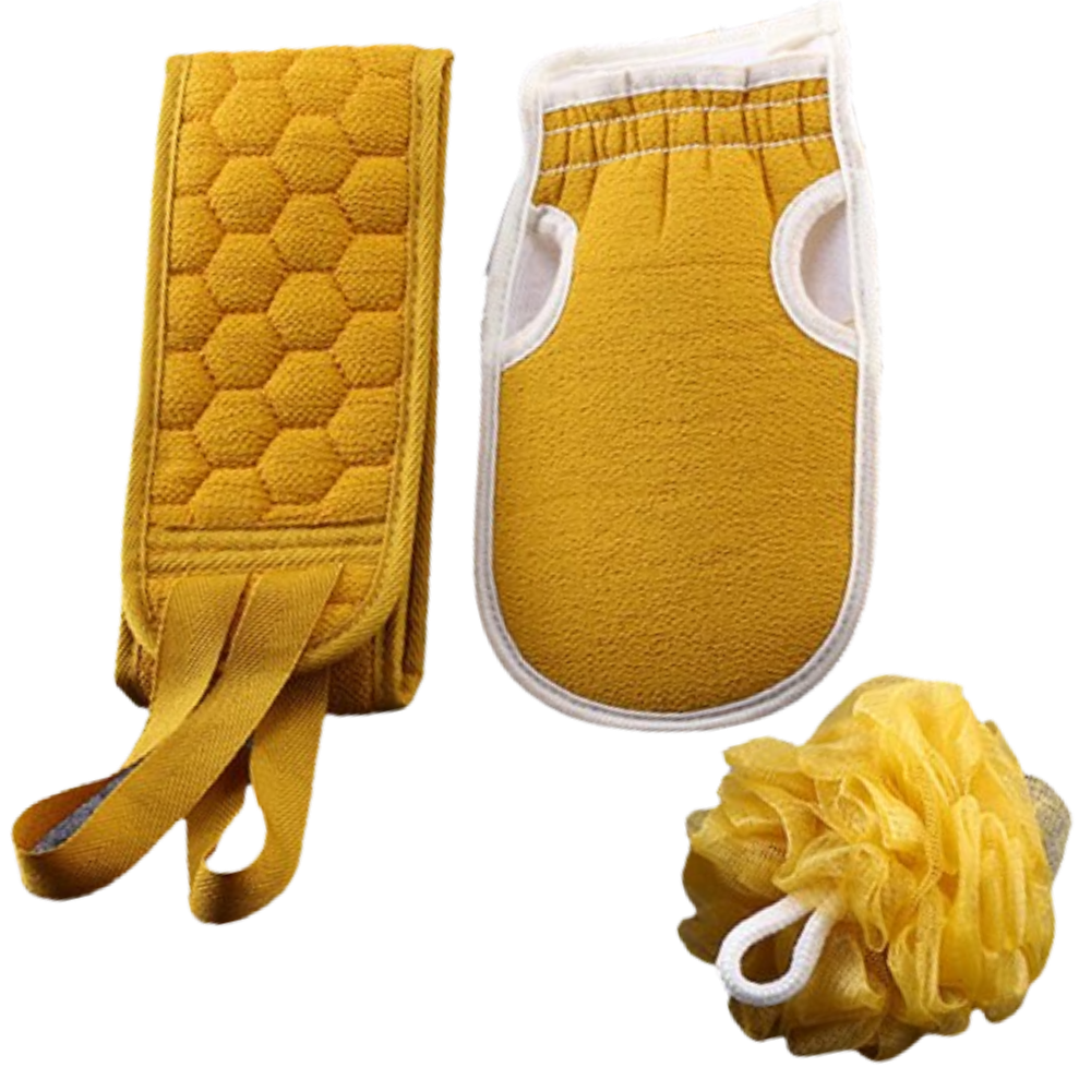 Conjunto de cosméticos Shineking Banho Splish Splash em embalagem amarela, com frascos e produtos de cuidados corporais.