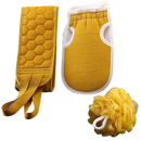 Conjunto de cosméticos Shineking Banho Splish Splash em embalagem amarela, com frascos e produtos de cuidados corporais.