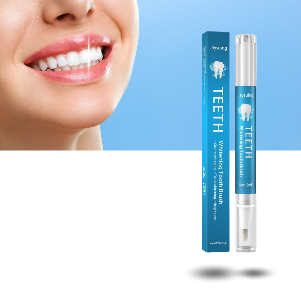 Solução de cuidados bucais Shiusina com fórmula suave de branqueamento dental, em embalagem branca com detalhes azuis.