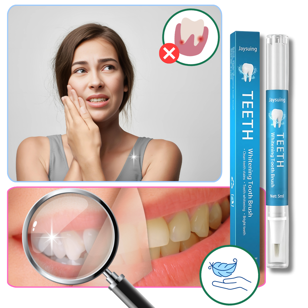 Solução de cuidados bucais Shiusina com fórmula suave de branqueamento dental, embalagem com tubo branco e detalhes azuis
