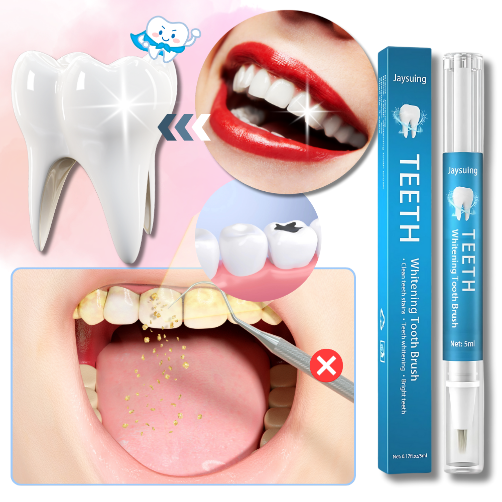 Conjunto de cuidados bucais Shiusina com fórmula suave de branqueamento dental, mostrando embalagem e tubo do produto.