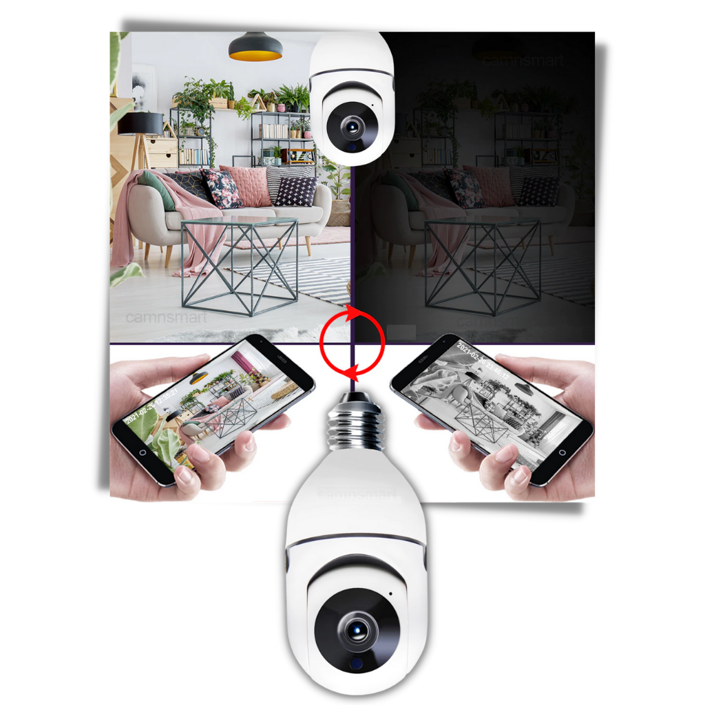 Ampola inteligente com câmera de vigilância Shiziwei, câmera de segurança sem cartão, design moderno e funcional.
