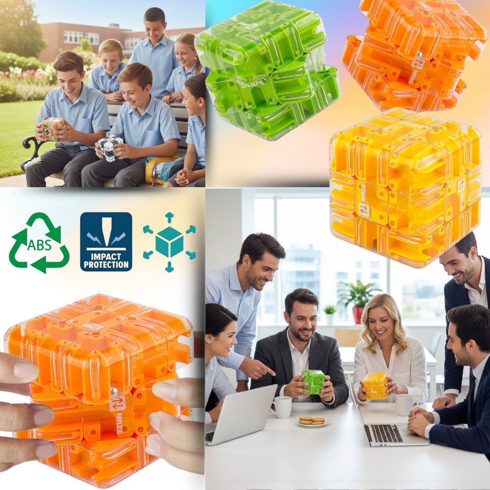 Casse-tête Cube Labirinto Brain Builder da Shuwnd com estrutura verde e labirinto 3D com esfera para resolução do quebra-cabeça.